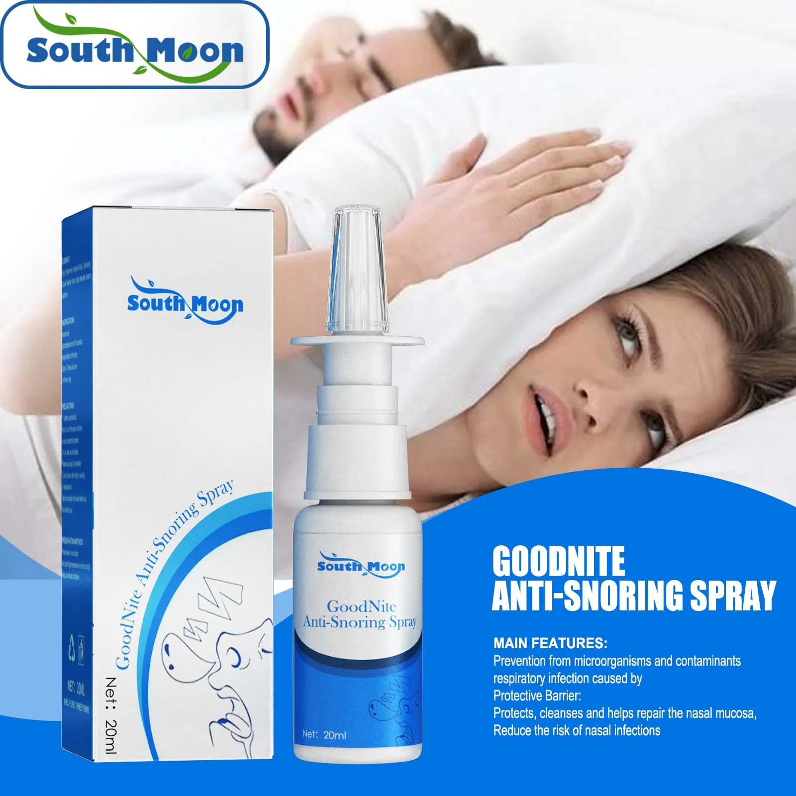 Anti-Snoring Nasal Relief Spray by SouthMoon - All Natural Snore Stopper Remedy, Herbal Sleep Apnea Sinus Decongestant & Nose-Snoring Aid for Men & Women