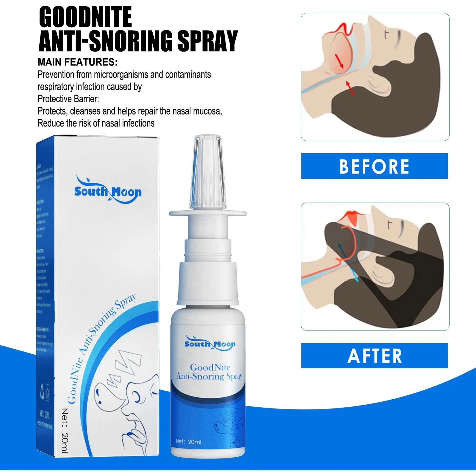 Anti-Snoring Nasal Relief Spray by SouthMoon - All Natural Snore Stopper Remedy, Herbal Sleep Apnea Sinus Decongestant & Nose-Snoring Aid for Men & Women