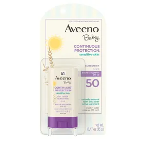 Aveeno Baby Continuous Protection Mineral Sunscreen Stick for Sensitive Skin with Broad Spectrum SPF 50 Protection for Face & Body, Naturally Sourced 100% Zinc Oxide, Travel Size, 0.47 oz 0.47 Ounce (Pack of 1)