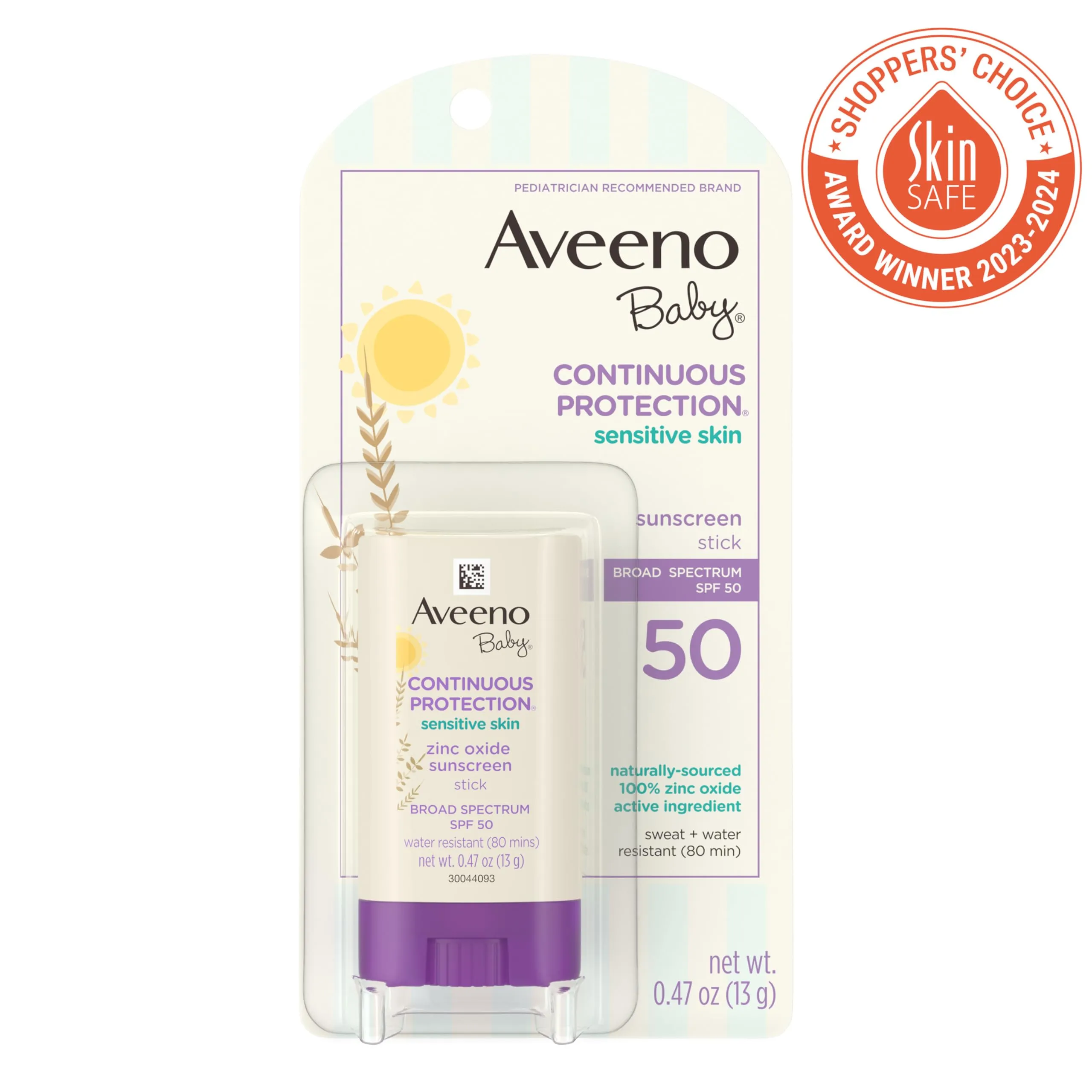 Aveeno Baby Continuous Protection Mineral Sunscreen Stick for Sensitive Skin with Broad Spectrum SPF 50 Protection for Face & Body, Naturally Sourced 100% Zinc Oxide, Travel Size, 0.47 oz 0.47 Ounce (Pack of 1)