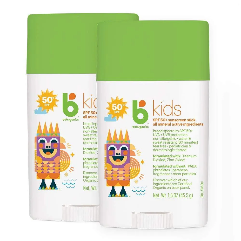 Babyganics SPF 50 Travel Size Kids Sunscreen Stick UVA UVB Protection | Water & Sweat Resistant |Non Allergenic, 2 Pack (1.6 Ounce) 2 Pack (1.6 Ounce)