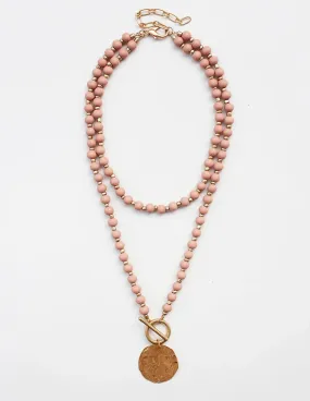Blush Wood Beaded Layered with Gold Coin 30" Necklace