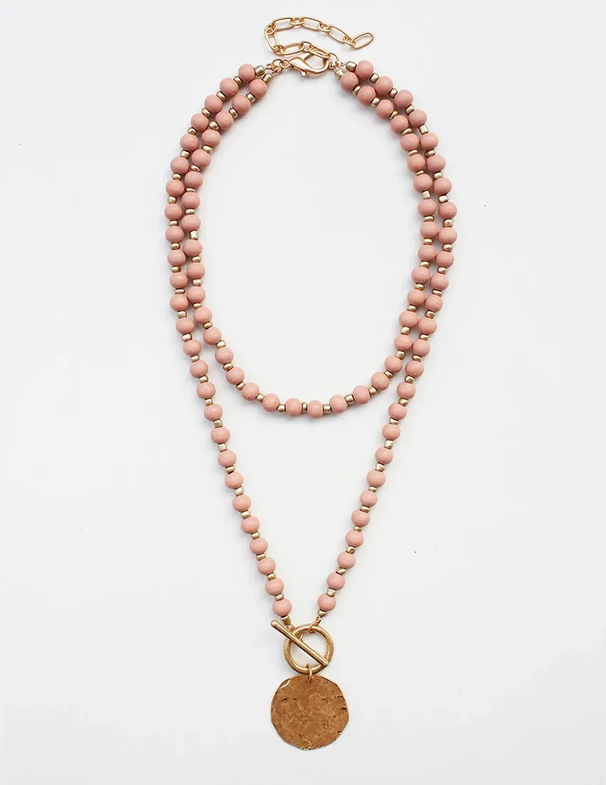 Blush Wood Beaded Layered with Gold Coin 30" Necklace