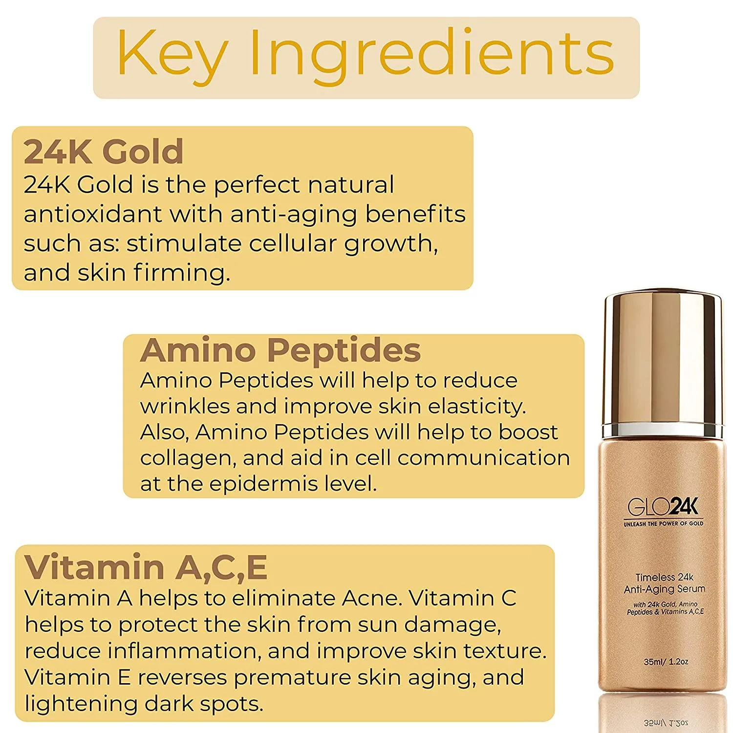 GLO24K Timeless 24k Anti-Aging Serum with 24k Gold Amino Peptides & Vitamins A C E 35ml