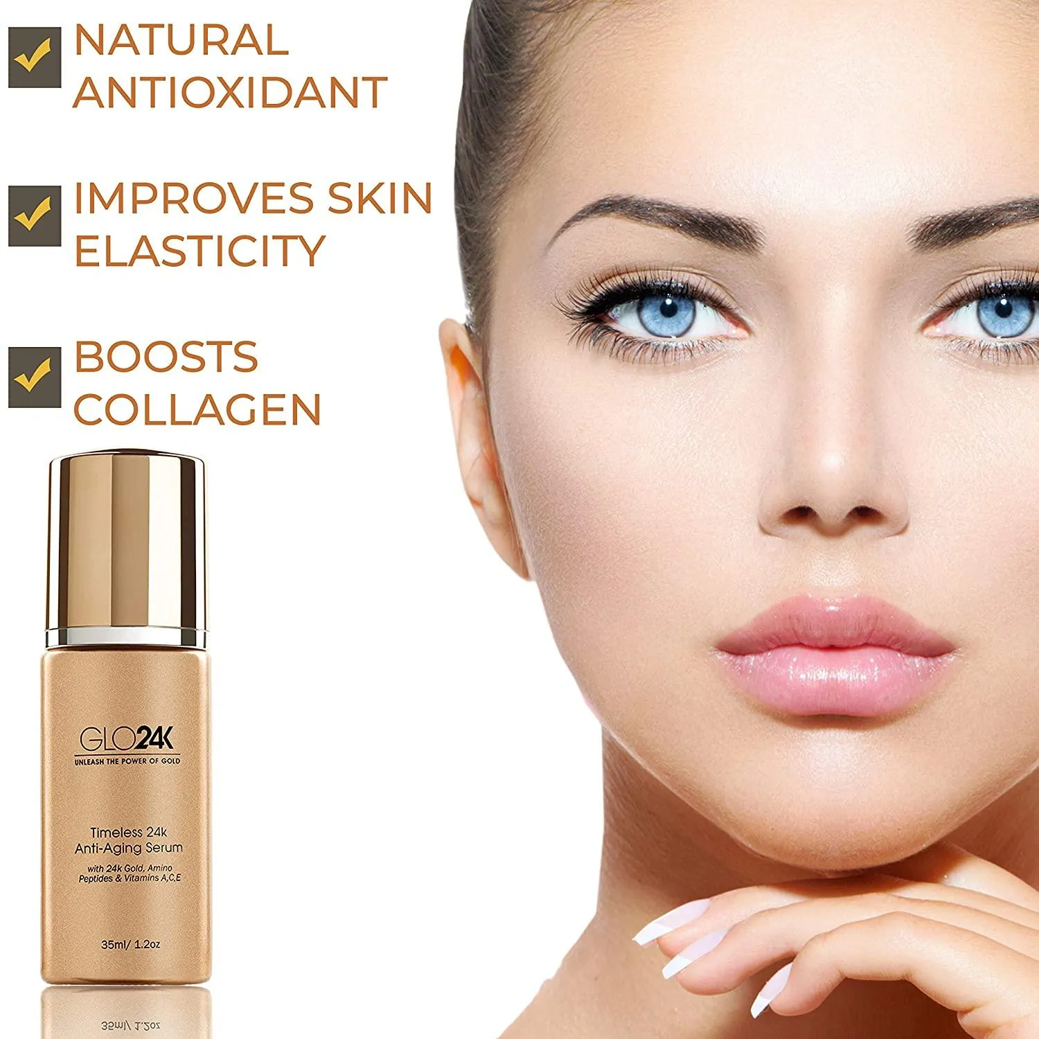 GLO24K Timeless 24k Anti-Aging Serum with 24k Gold Amino Peptides & Vitamins A C E 35ml